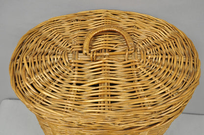 Vintage Mid Century Modern Handwoven Wicker Rattan Laundry Basket w Lid