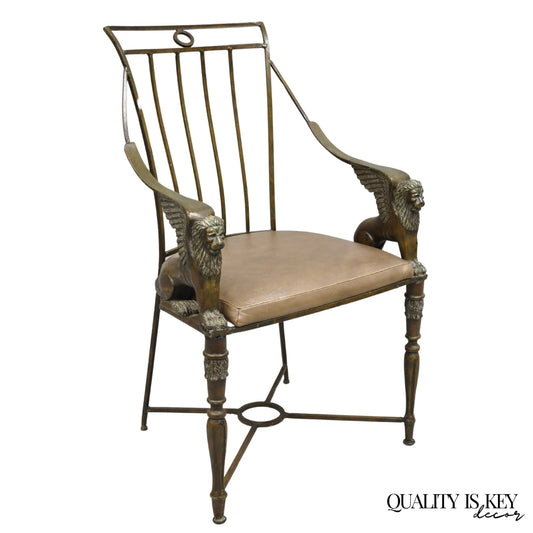 Vintage Egyptian Revival Lion Sphinx Wrought Iron Regency Style Arm Chair