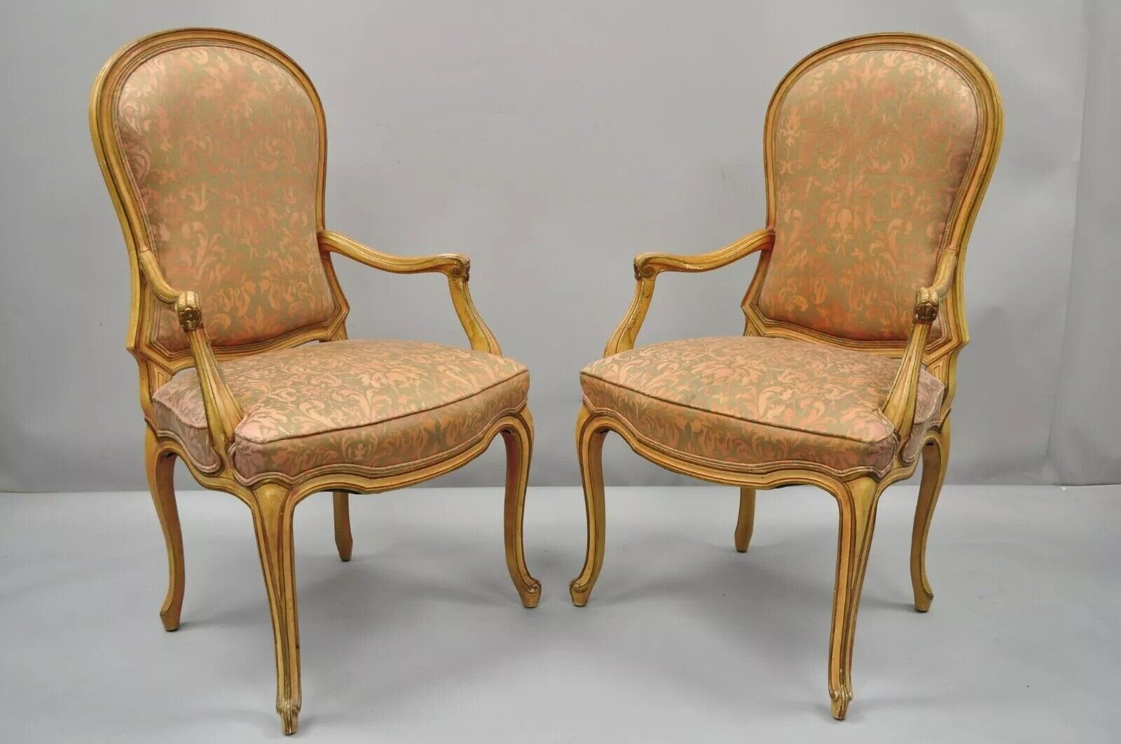 Italian Provincial French Hollywood Regency Upholstered Dining Arm Chairs - Pair