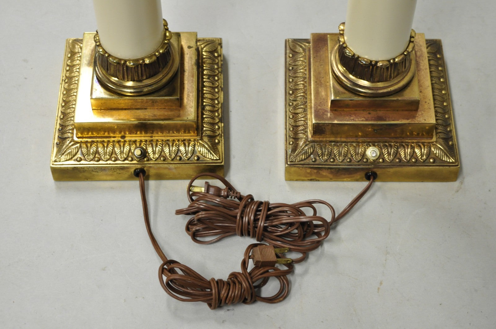Vintage Stiffel Neoclassical Tall White Enamel Column Brass Table Lamps - a Pair