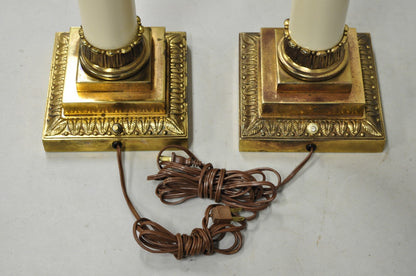 Vintage Stiffel Neoclassical Tall White Enamel Column Brass Table Lamps - a Pair