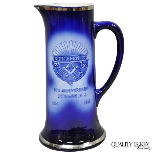 Antique 1913 60th Anni Northern Lodge No. 25 Masonic Cobalt Blue Ceramic Pitcher