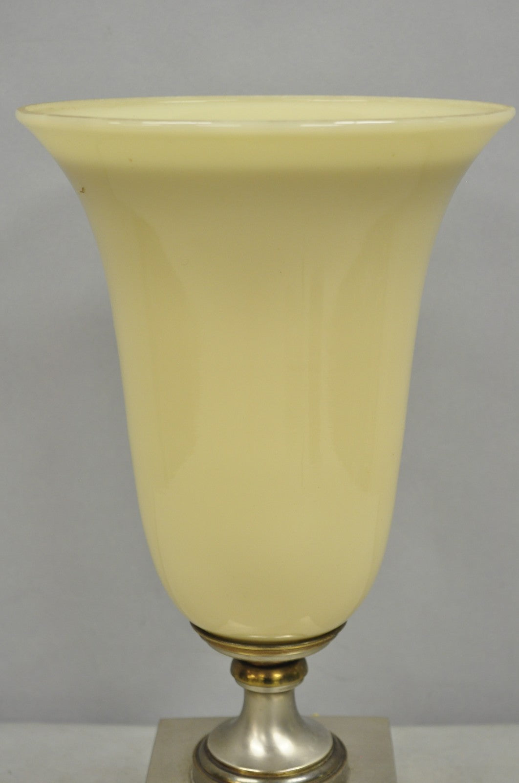 Antique French Art Deco Beige Fluted Glass Vase Metal Base Up Light Table Lamp