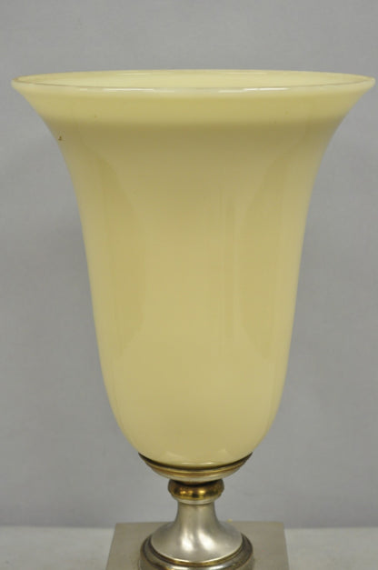 Antique French Art Deco Beige Fluted Glass Vase Metal Base Up Light Table Lamp