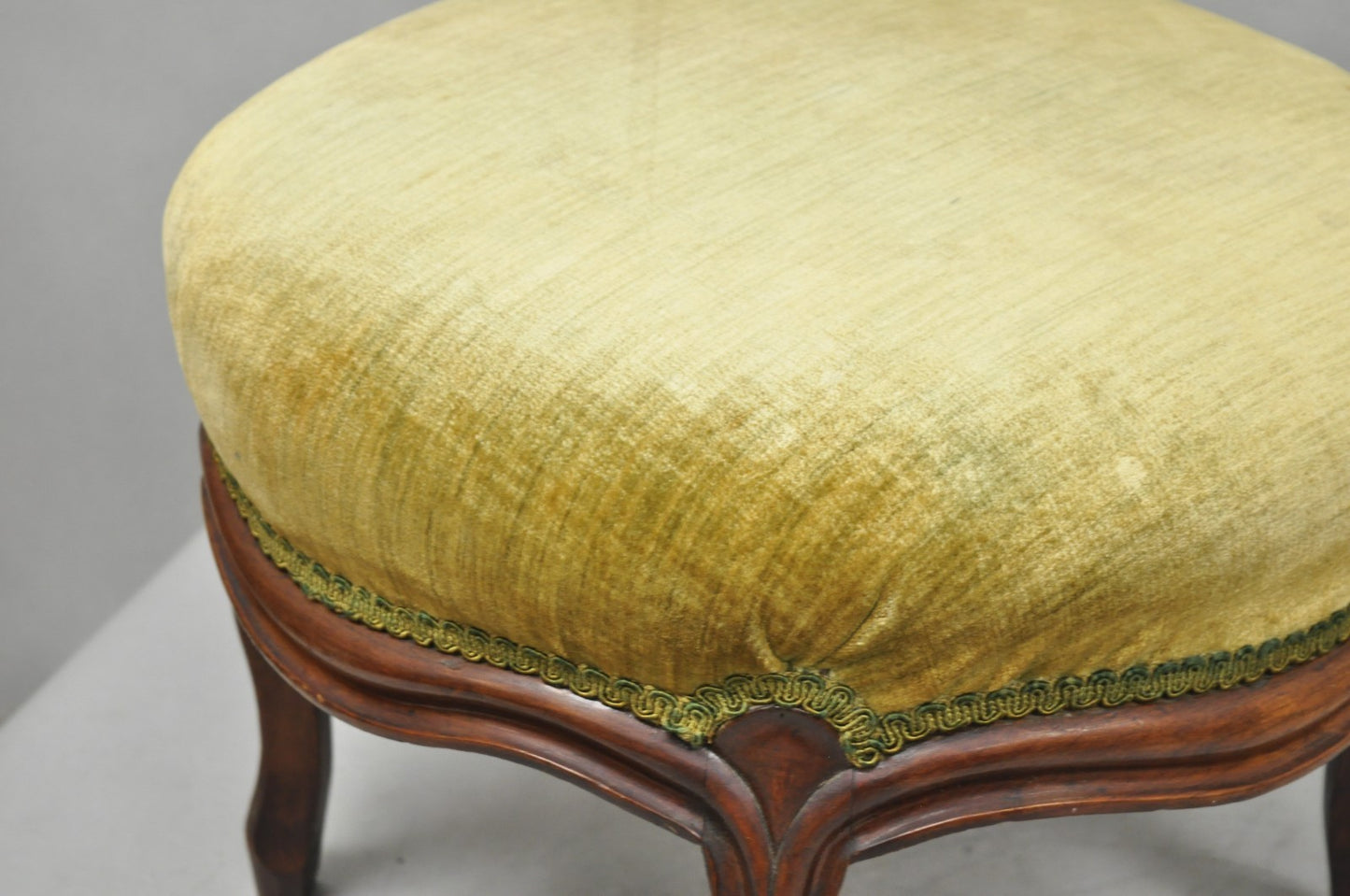 Antique Victorian Carved Mahogany Green Mohair Fabric Round Footstool Ottoman