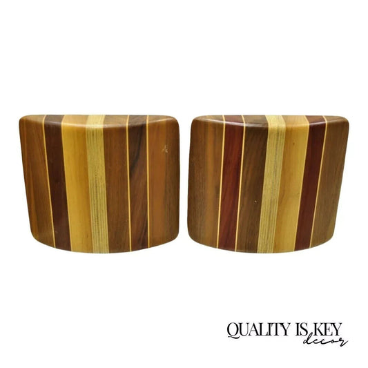 Vintage Mid Century Modern Solid Wood & Inlay Curved Modernist Bookends - a Pair