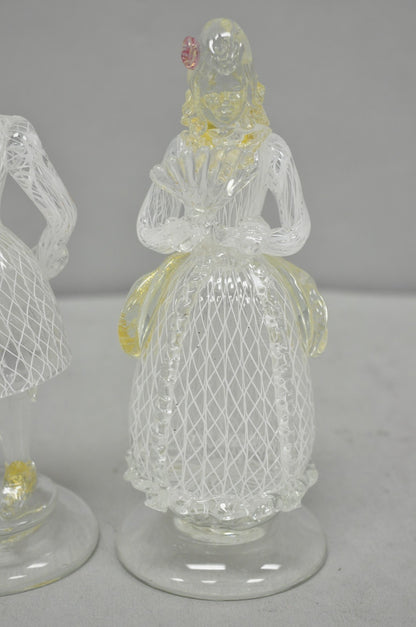 Vintage Italian Murano Latticino & Gold Leaf Art Glass Male & Female Figure Pair