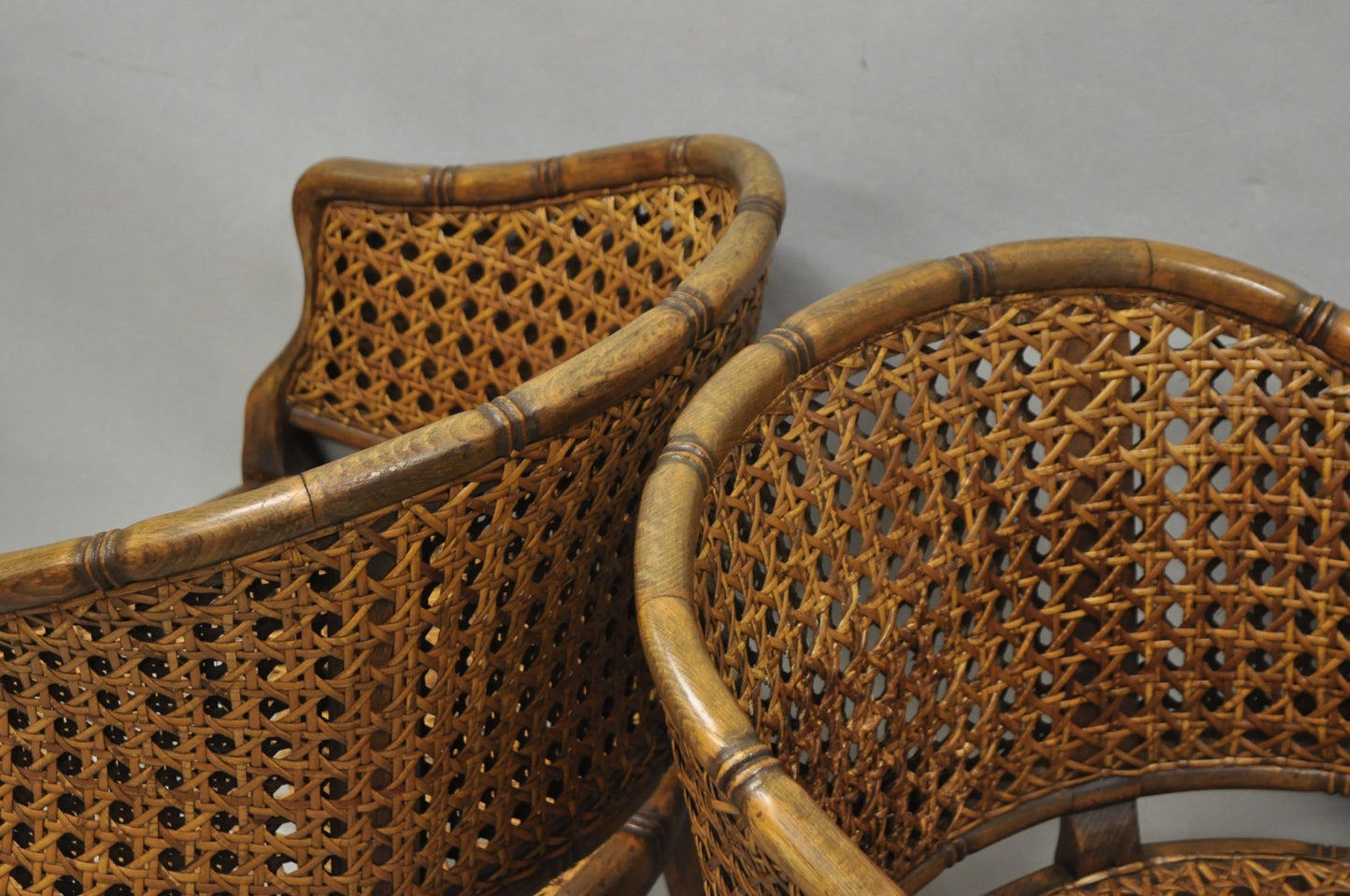 Vintage Hollywood Regency Faux Bamboo Wood & Cane Barrel Back Lounge Chair, Pair
