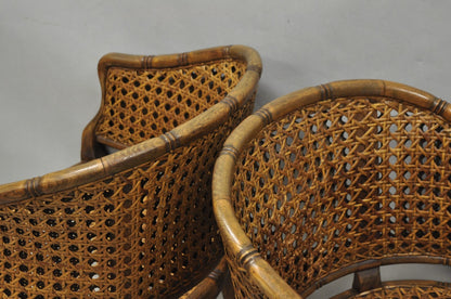 Vintage Hollywood Regency Faux Bamboo Wood & Cane Barrel Back Lounge Chair, Pair