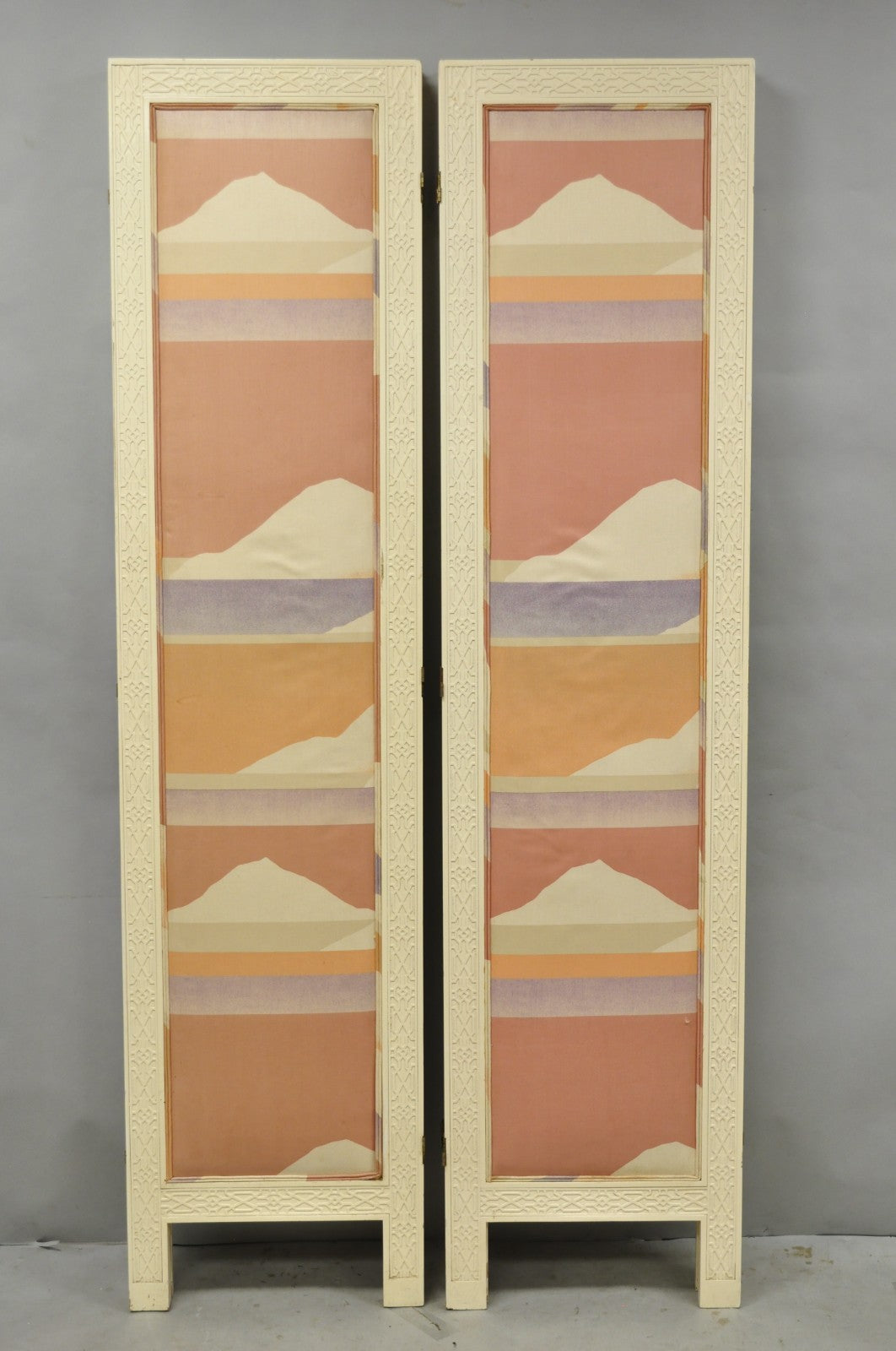 Vintage Oriental Fretwork Bone Lacquer Upholstered 6 Panel Room Divider Screen