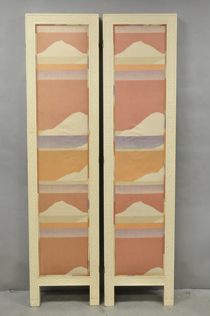 Vintage Oriental Fretwork Bone Lacquer Upholstered 6 Panel Room Divider Screen