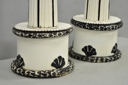 Vintage Hollywood Regency Lotus Leaf Black & White Metal Column Table Lamps Pair