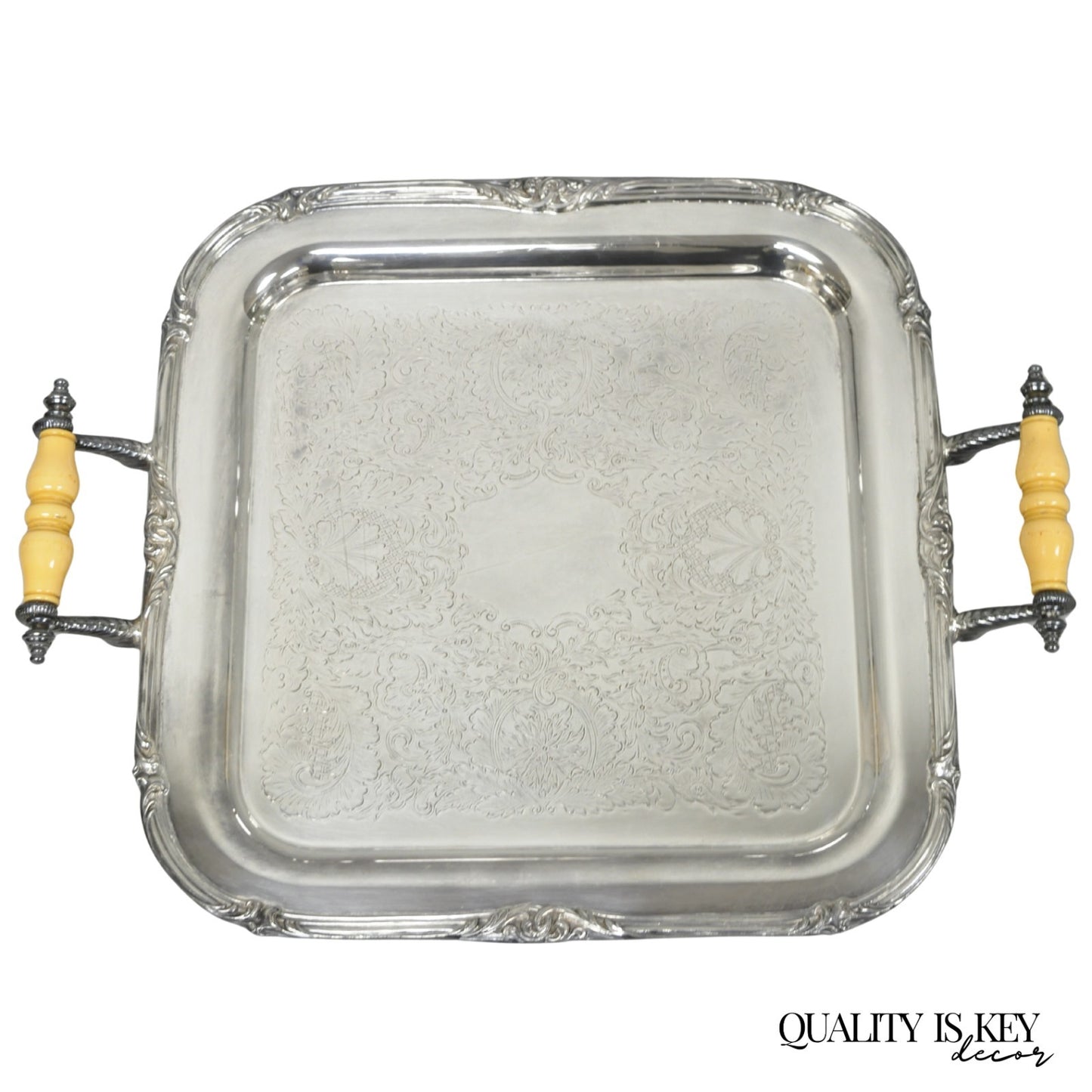 Vintage Sheffield Silver Plated Square Serving Bar Tray w/ Celluloid Handles