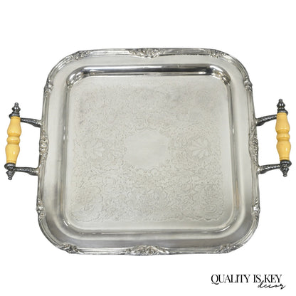 Vintage Sheffield Silver Plated Square Serving Bar Tray w/ Celluloid Handles