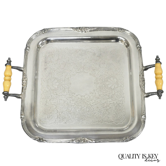 Vintage Sheffield Silver Plated Square Serving Bar Tray w/ Celluloid Handles