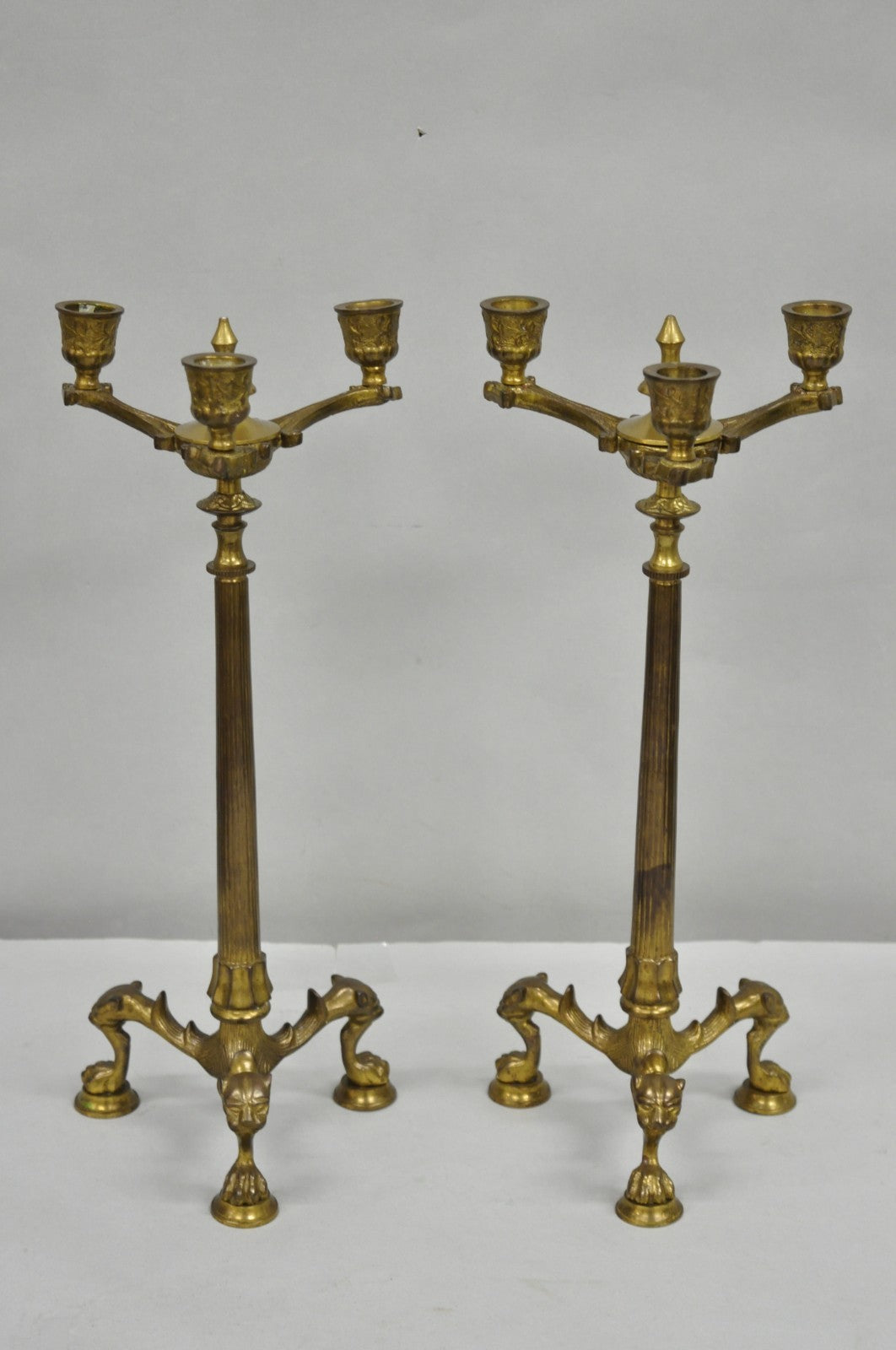 Antique French Renaissance Gothic Figural Brass 16" Candelabra w/ Lions - a Pair