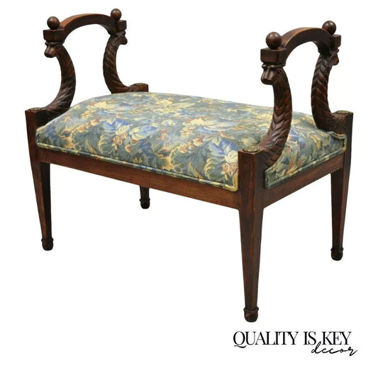Vintage Italian Regency Figural Carved Floral Upholstered Wooden Window Bench