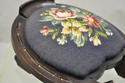 Antique Victorian Mahogany Horseshoe Needlepoint Gout Stool Footstool Ottoman
