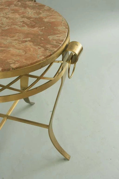 French Neoclassical Round Rouge Marble Top Bronze Gueridon Occasional Side Table