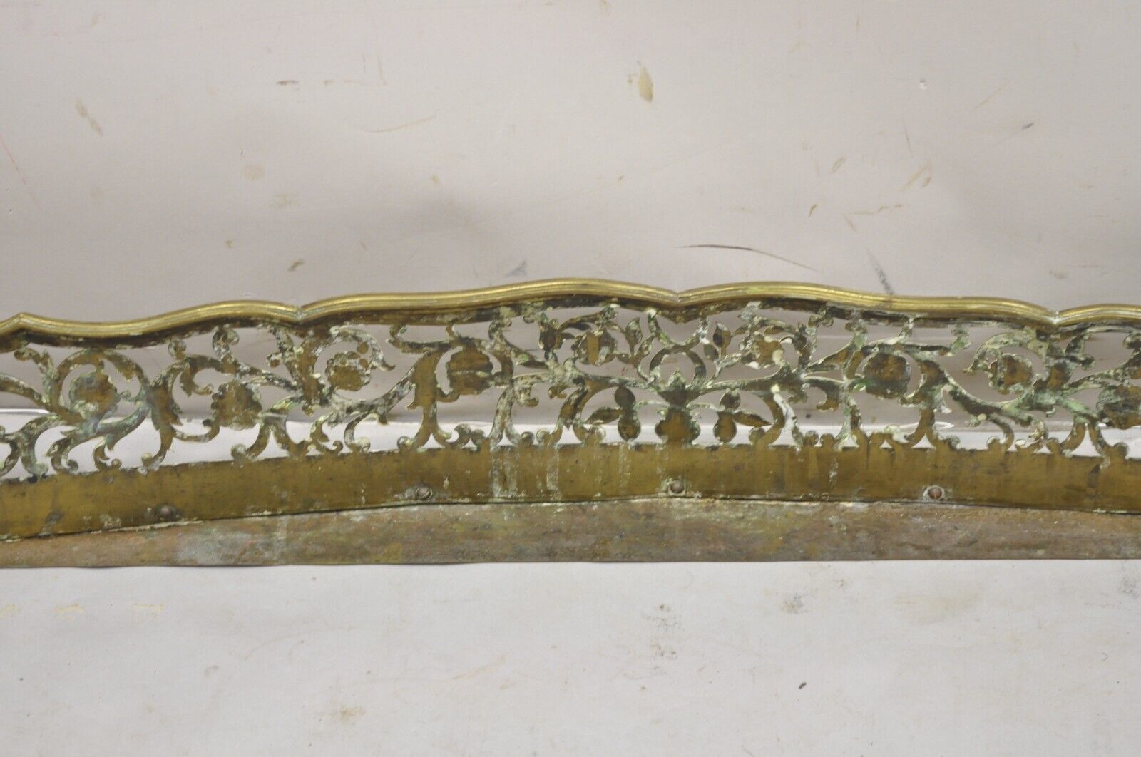 Antique French Renaissance Brass Figural Floral 67" Fireplace Surround Fender