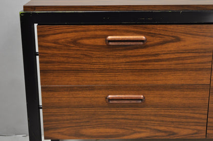 Vintage Mid Century Modern Faux Rosewood Laminate Steel Metal Credenza Cabinet