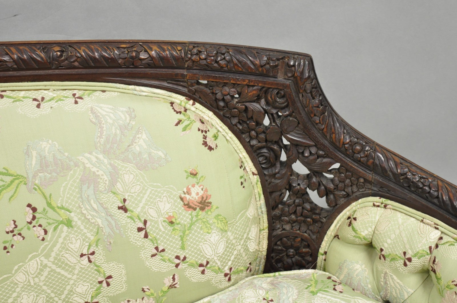 Antique Italian Renaissance Carved Walnut French Victorian Rams Head Green Sofa