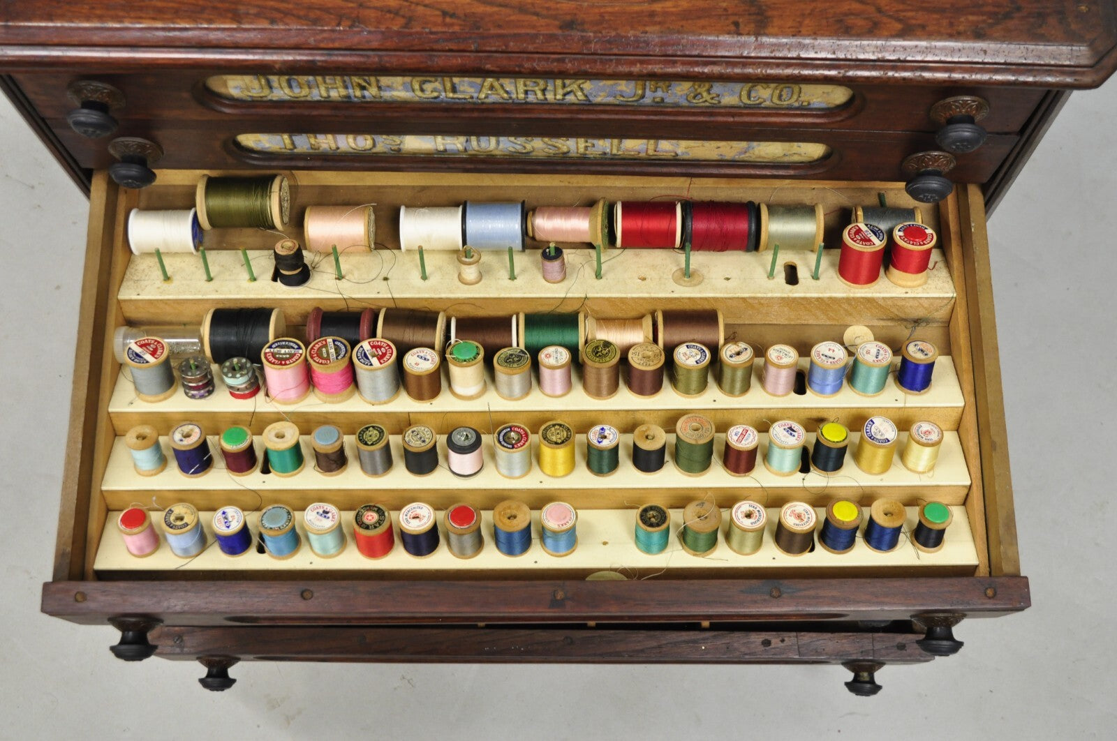 Antique John Clark Walnut 6 Drawer Sewing Spool Cabinet w Reverse Painted Glass