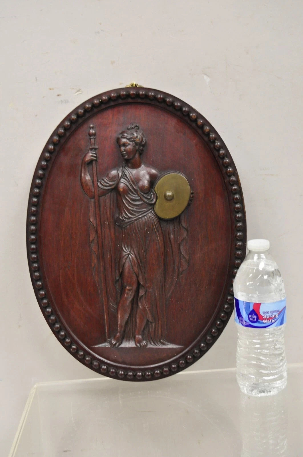 Antique Classical Oval Carved Mahogany Figural Goddess Wall Sculpture Plaque
