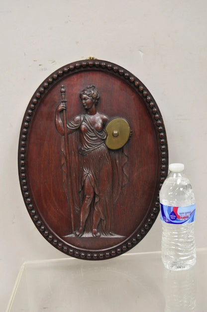 Antique Classical Oval Carved Mahogany Figural Goddess Wall Sculpture Plaque