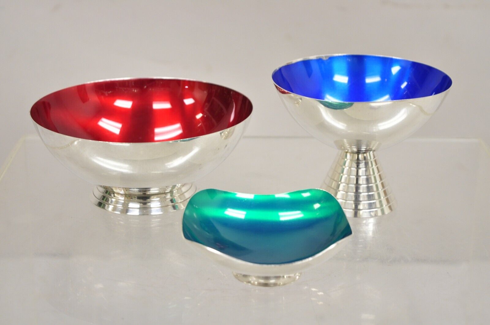 Mid Century Danish Modern Blue Green Red Silver Plated Enamel Compote - 3 Pc