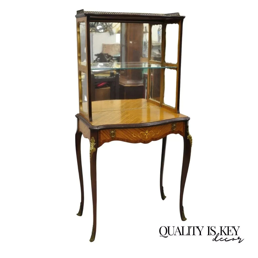 Antique French Louis XV Style Petite Curio Etagere with Satinwood Inlay & Mirror