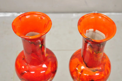Vintage Red Lava Drip Glazed Mid Century Modern Ceramic Pottery Vessel Vase Pair