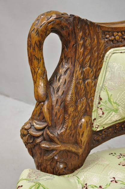 Antique Italian Regency Swan Carved Walnut French Victorian Club Lounge Chair