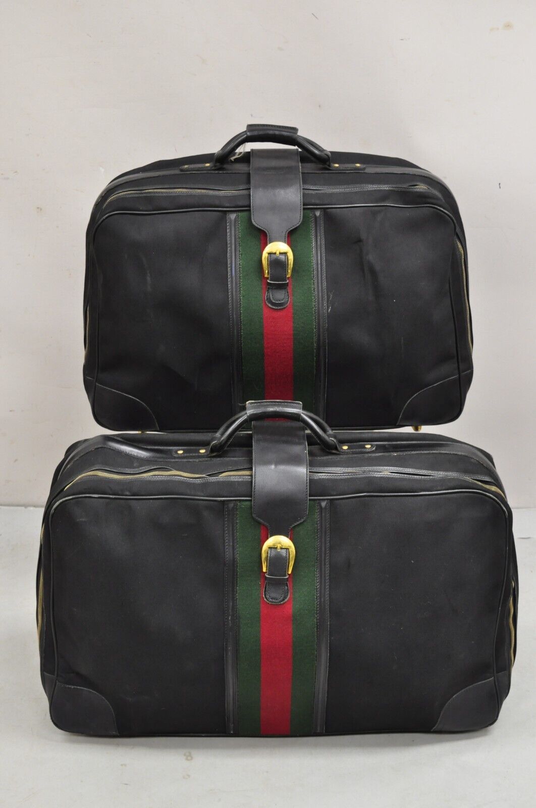 Vintage Gucci Black Canvas and Leather Suitcase Luggage His and Hers Set - 2 Pcs