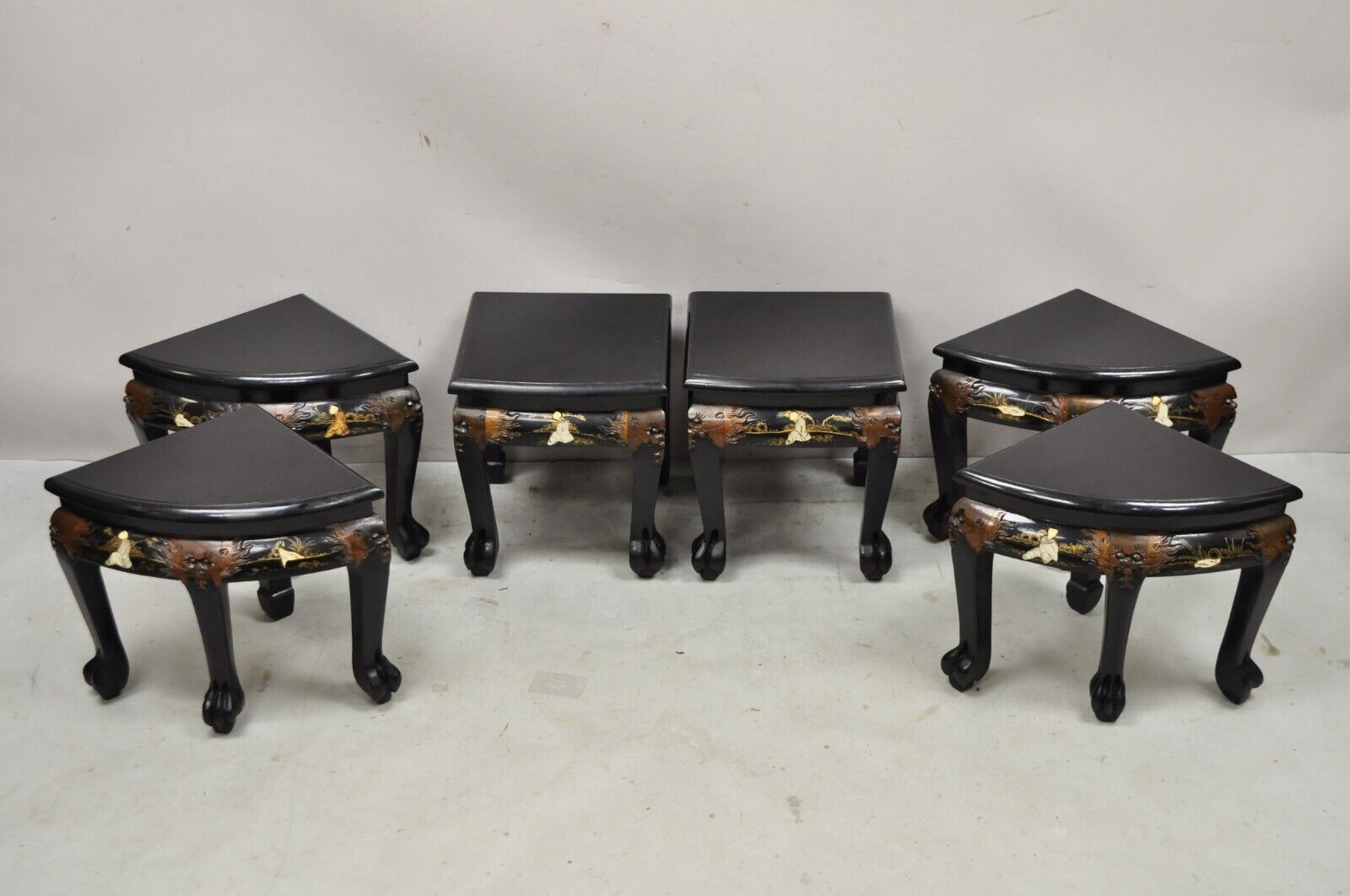Chinese Black Lacquer Mother of Pearl Oval Nesting Coffee Table Set 6 Stools - A