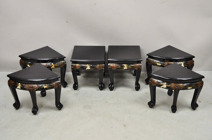 Chinese Black Lacquer Mother of Pearl Oval Nesting Coffee Table Set 6 Stools - A