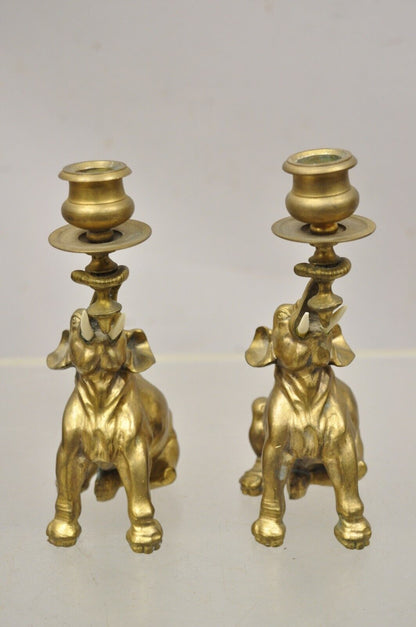 Vintage Gilded Brass Bronze Figural Elephant Small Candlesticks - a Pair