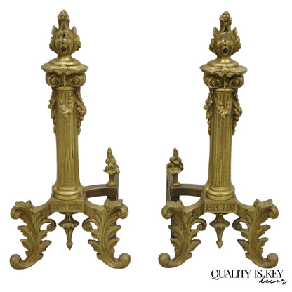 Antique French Empire Style Bronze Corinthian Column Fireplace Andirons - a Pair