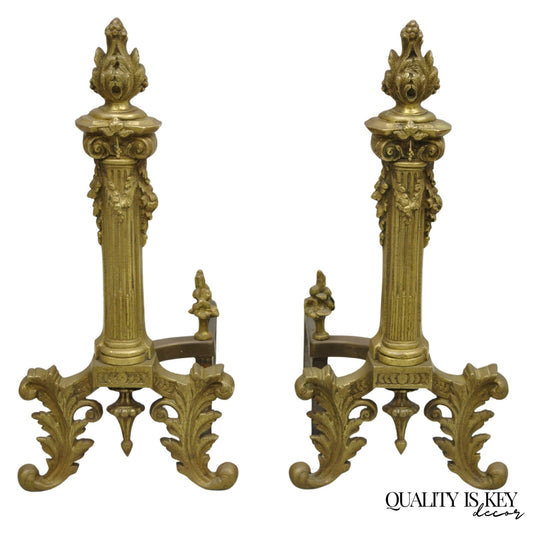 Antique French Empire Style Bronze Corinthian Column Fireplace Andirons - a Pair