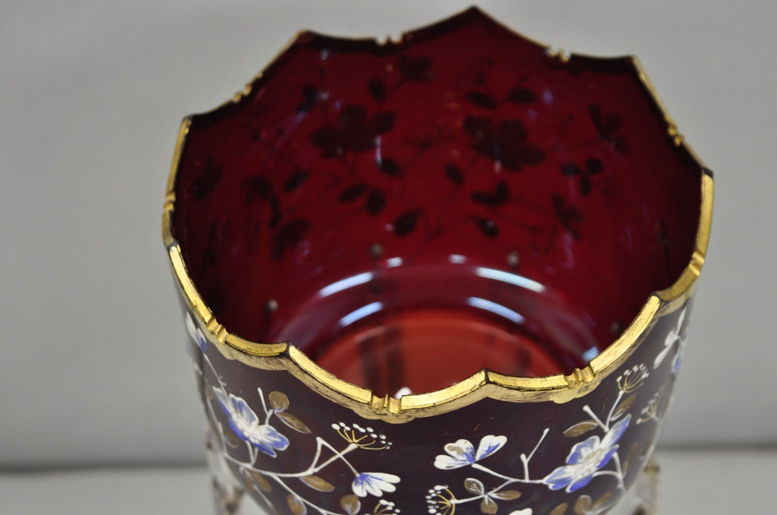 Antique Victorian Cranberry Glass Hand Painted Mantel Lustre Vase with Crystals
