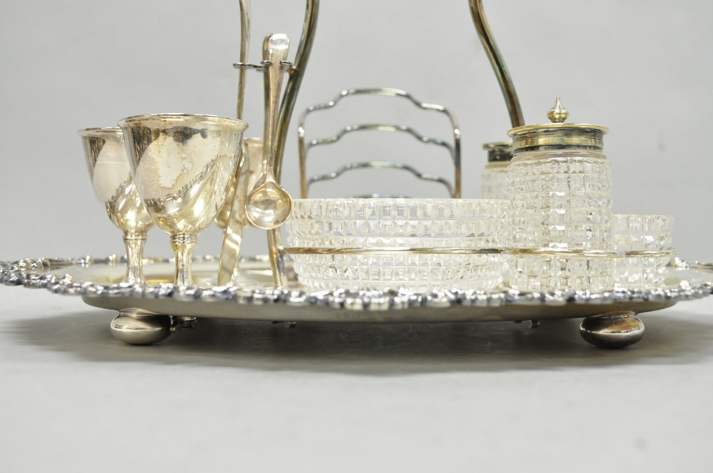 Antique Victorian Silver Plated Footed Cut Glass Breakfast Set Toast Rack w Tray
