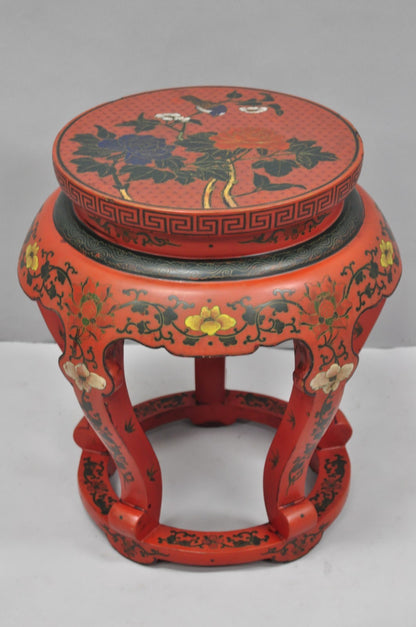 Vintage Chinoiserie Red Lacquer Pedestal Plant Stand Garden Stool Side Table (A)