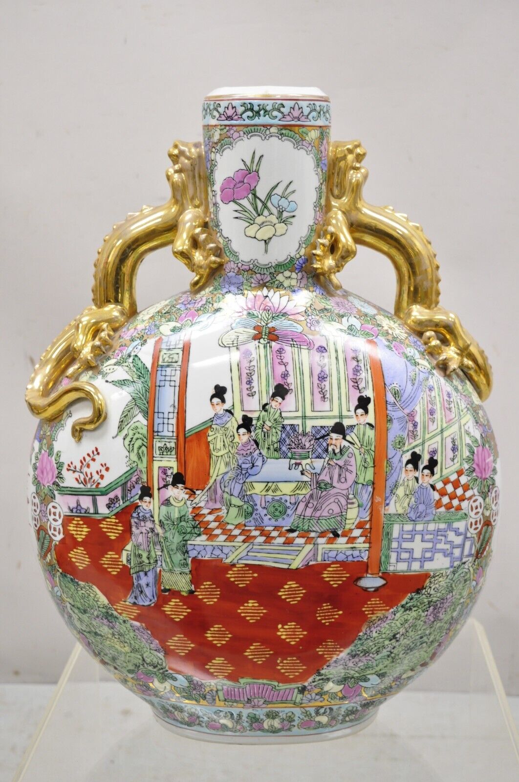 Vtg Chinese Famille Rose Porcelain Figural Orange Moon Flask Vase with Dragons