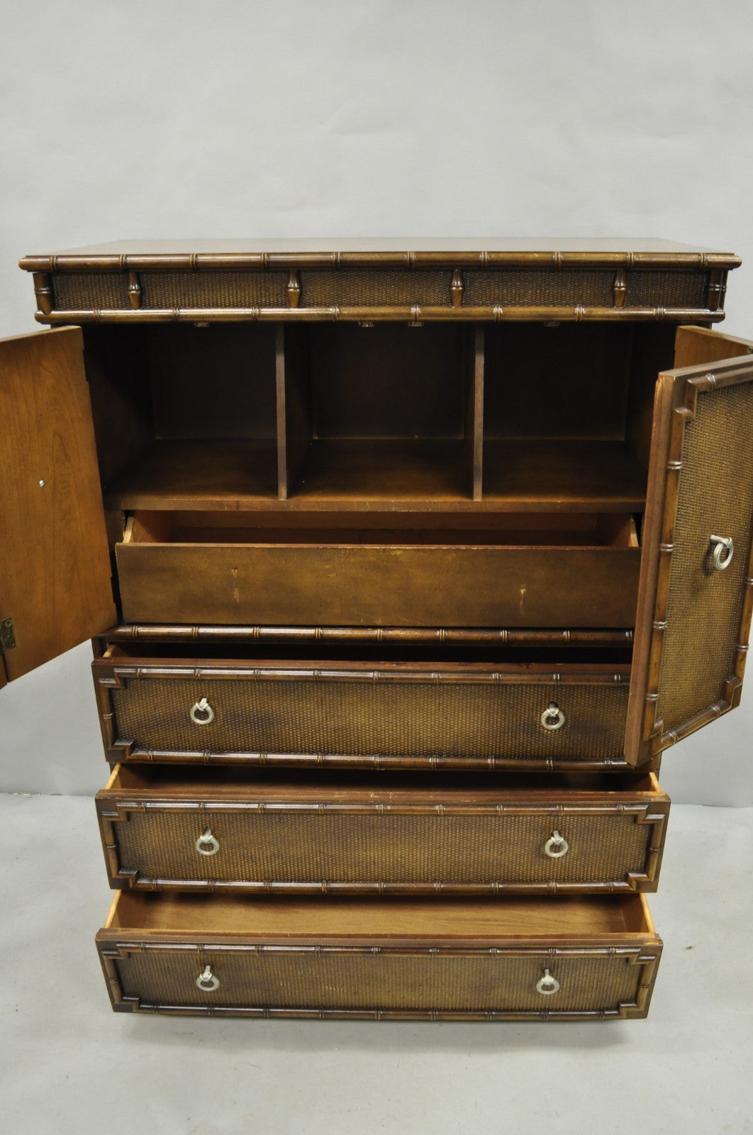 Drexel Chinese Chippendale Faux Bamboo Fretwork Rattan Tall Chest Dresser