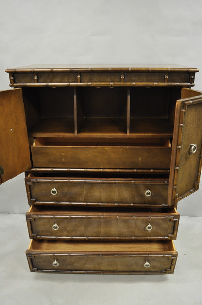 Drexel Chinese Chippendale Faux Bamboo Fretwork Rattan Tall Chest Dresser