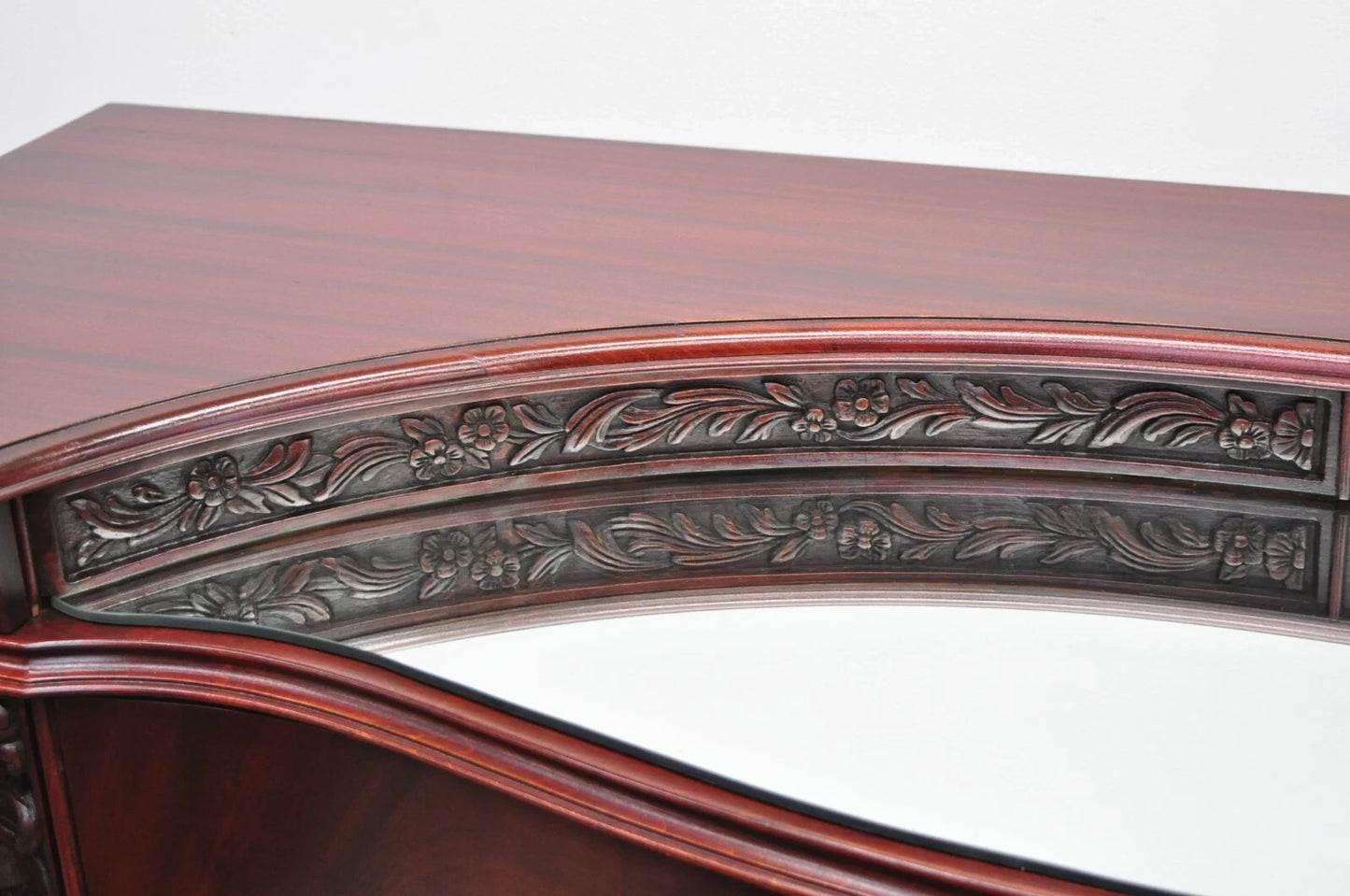 Vintage Chinese Chippendale Mahogany Serpentine Triple Dresser Credenza w Mirror