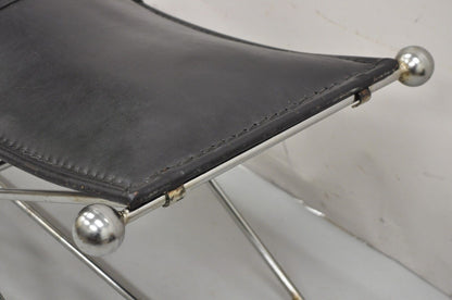 Modern Regency Style Folding Iron Metal Bench w/ Black Saddle Leather Seat