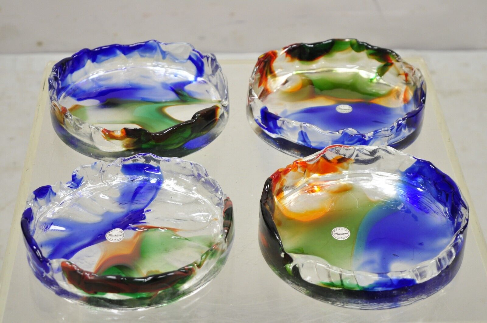 Vintage Mid Century Modern Italian Murano Blue Green Art Glass Ashtray Catchall