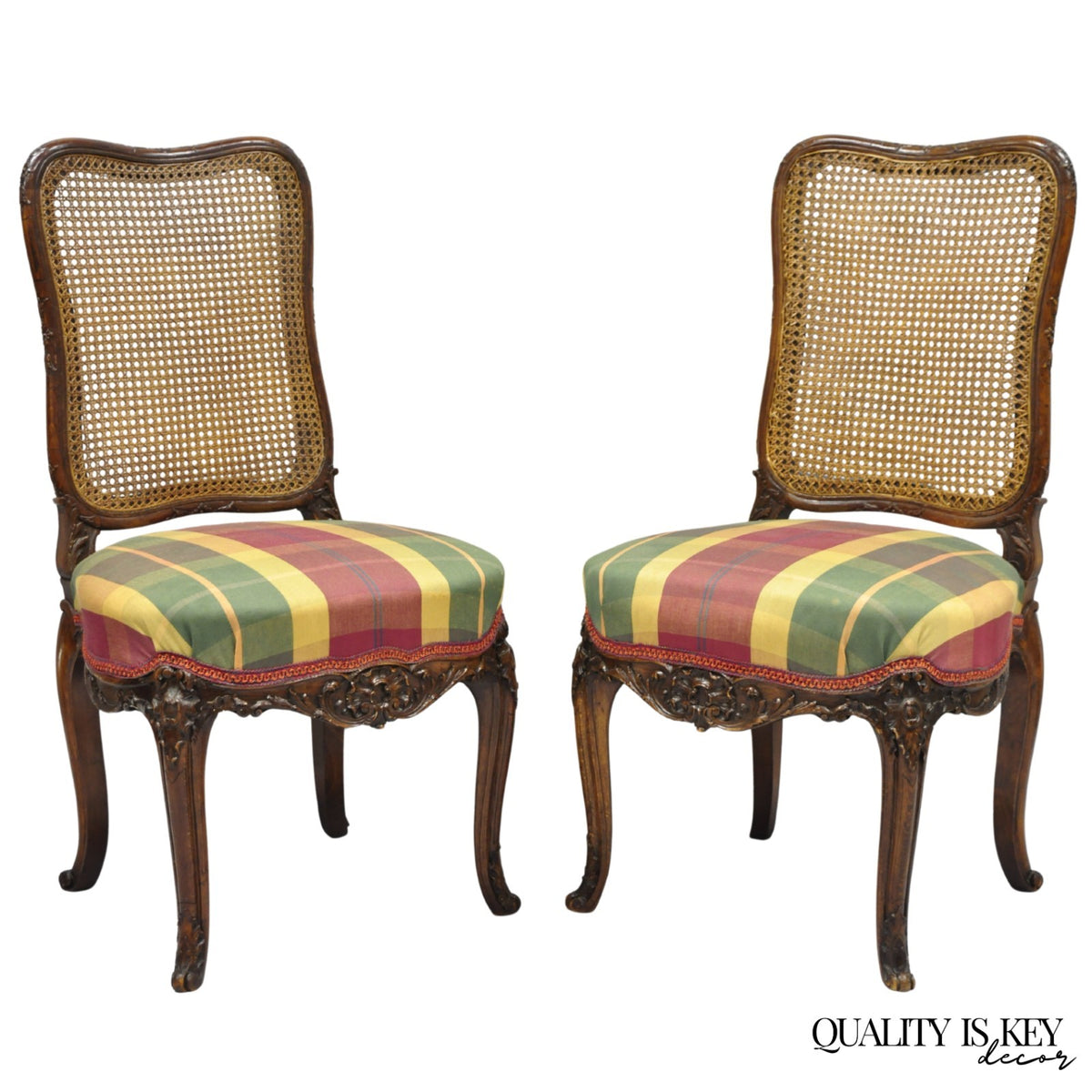 Antique French Country Louis XV Carved Walnut Cane Back Side Chairs - a Pair