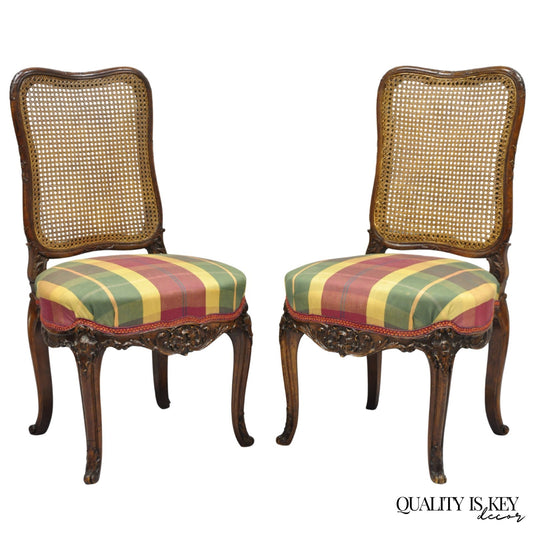 Antique French Country Louis XV Carved Walnut Cane Back Side Chairs - a Pair